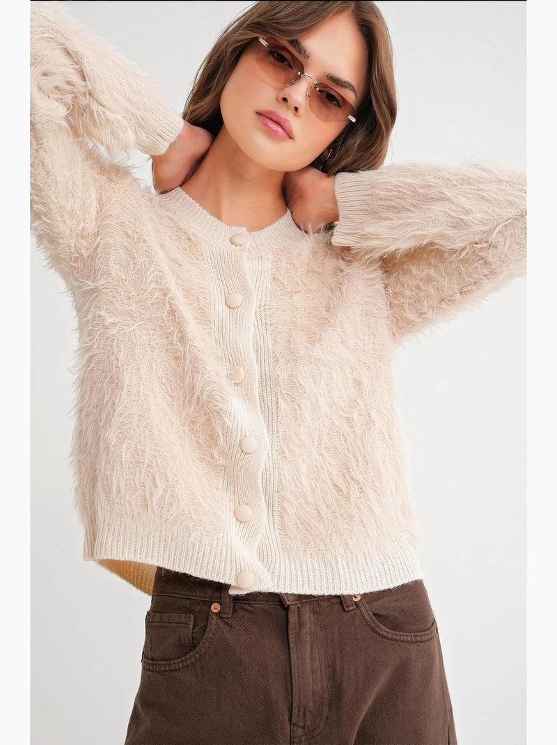 Cardigan texturizado em peluche com botões mixray Bege - Kiabi