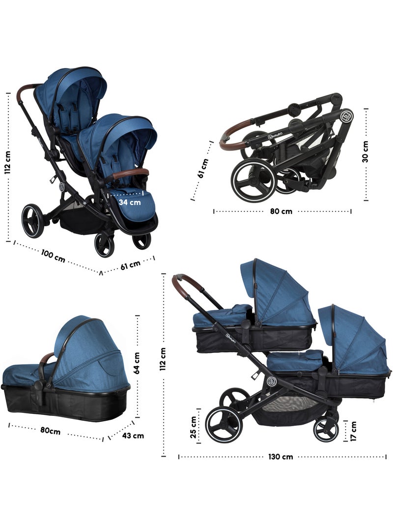 Carrinho de bebé 2 em 1 para gémeos Twinner, também adequado para irmãos – babyGO Azul - Kiabi
