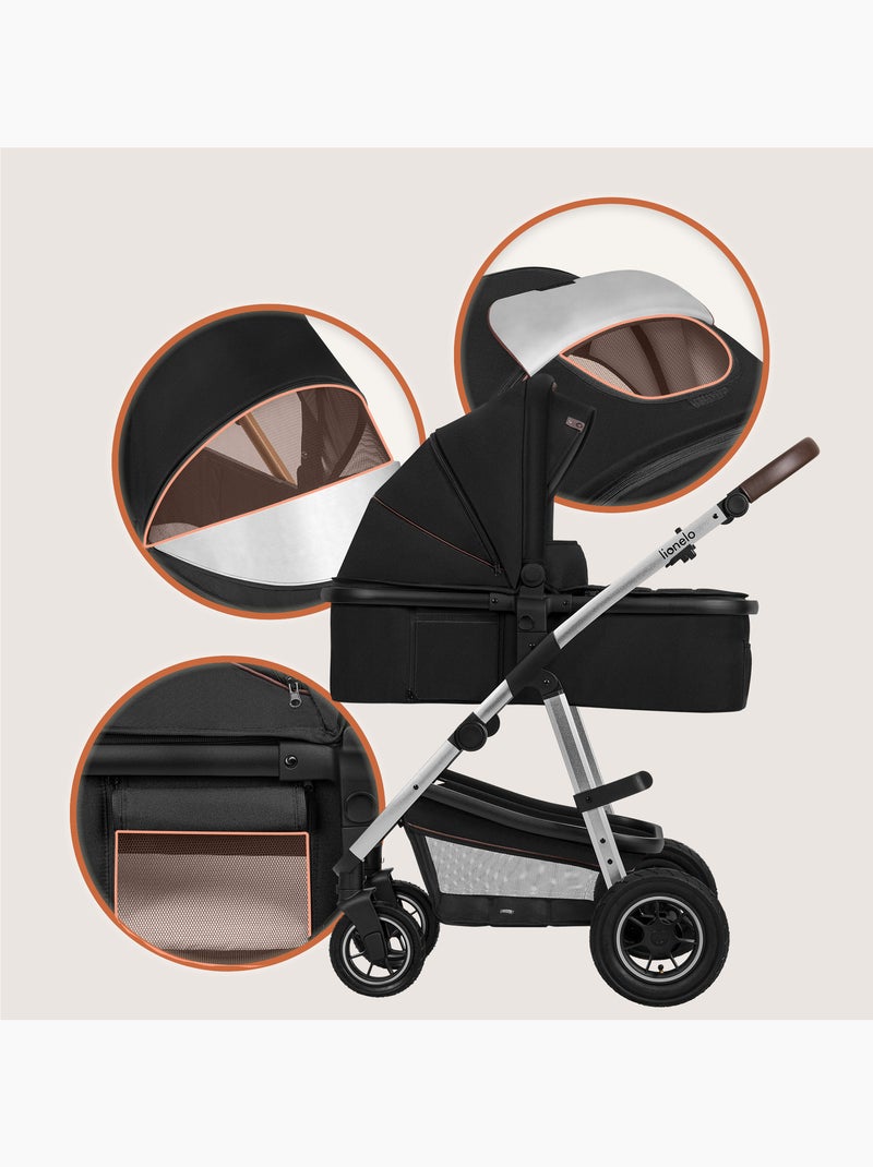 Carrinho de bebé 2em1 LIONELO Amber - Conjunto carrinho, alcofa, mala e acessórios - Até 22 kg Preto Prateado - Kiabi