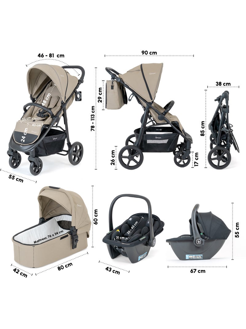 Carrinho de bebé 3 em 1 com cadeira auto, alcofa e assento desportivo Evolution – babyGO Bege - Kiabi