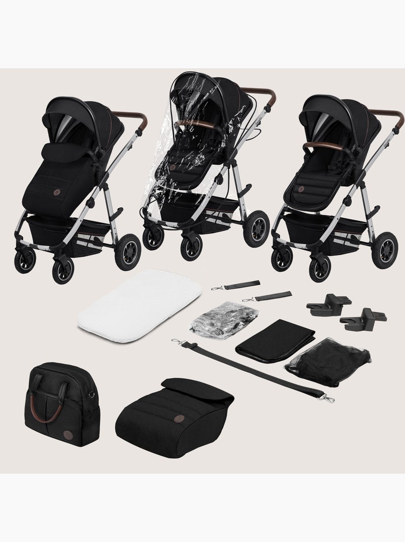 Carrinho de bebé 3em1 LIONELO Amber - 0-22 kg - Conjunto carrinho, alcofa, ovo, mala e acessórios Preto Prateado - Kiabi