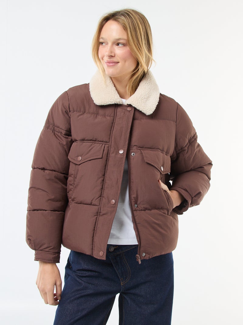 Casaco acolchoado com gola efeito ovelha Castanho - Kiabi