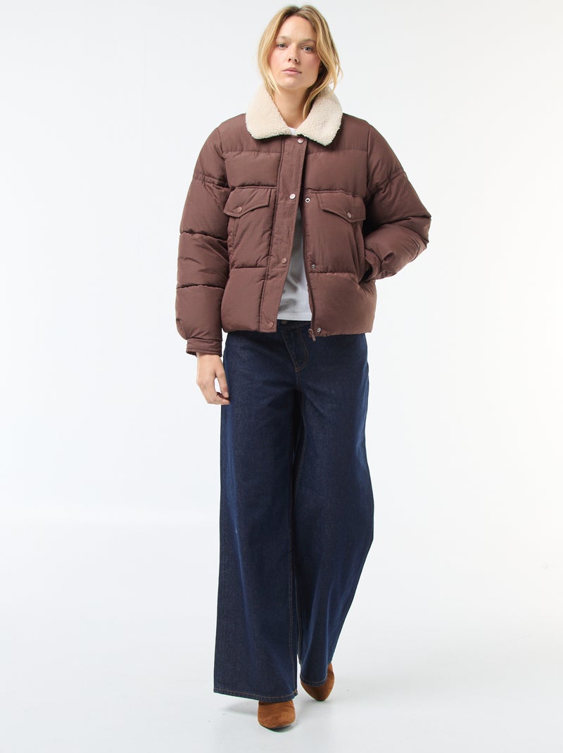 Casaco acolchoado com gola efeito ovelha Castanho - Kiabi