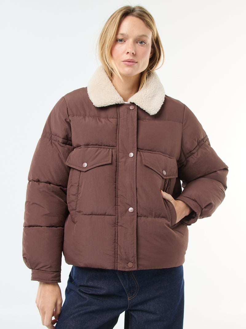 Casaco acolchoado com gola efeito ovelha Castanho - Kiabi