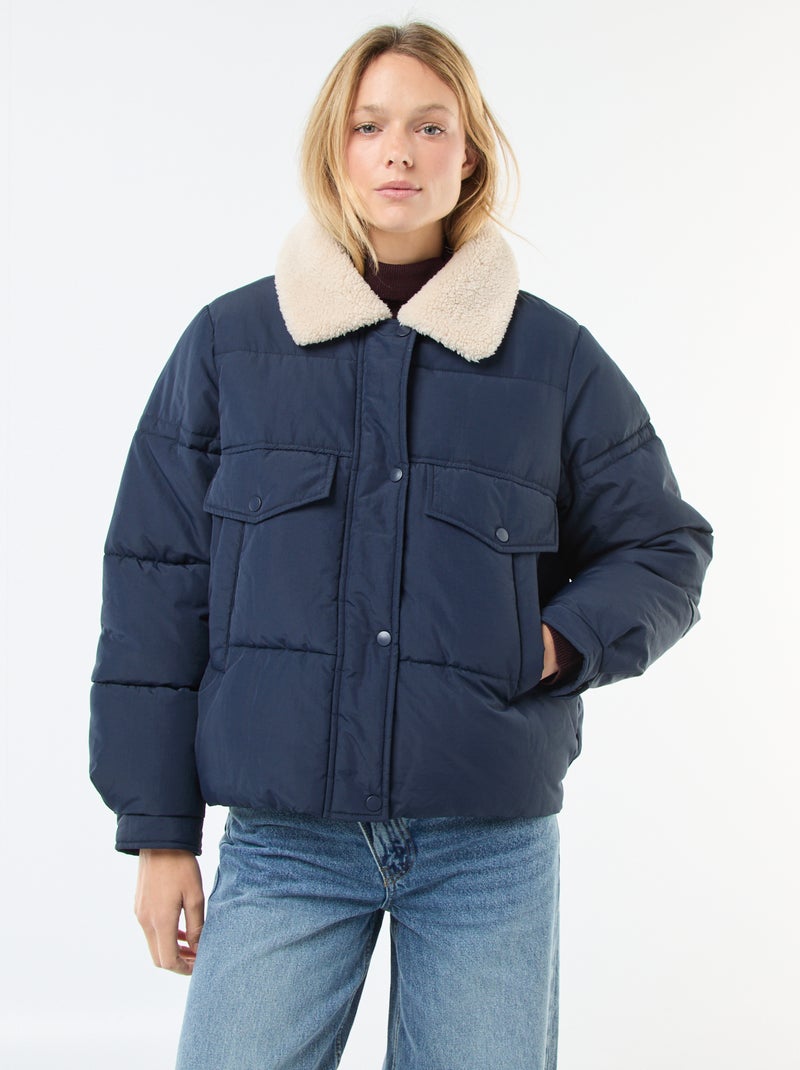 Casaco acolchoado com gola efeito shearling Azul - Kiabi