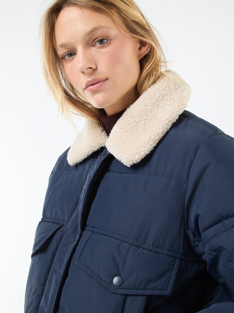 Casaco acolchoado com gola efeito shearling Azul - Kiabi
