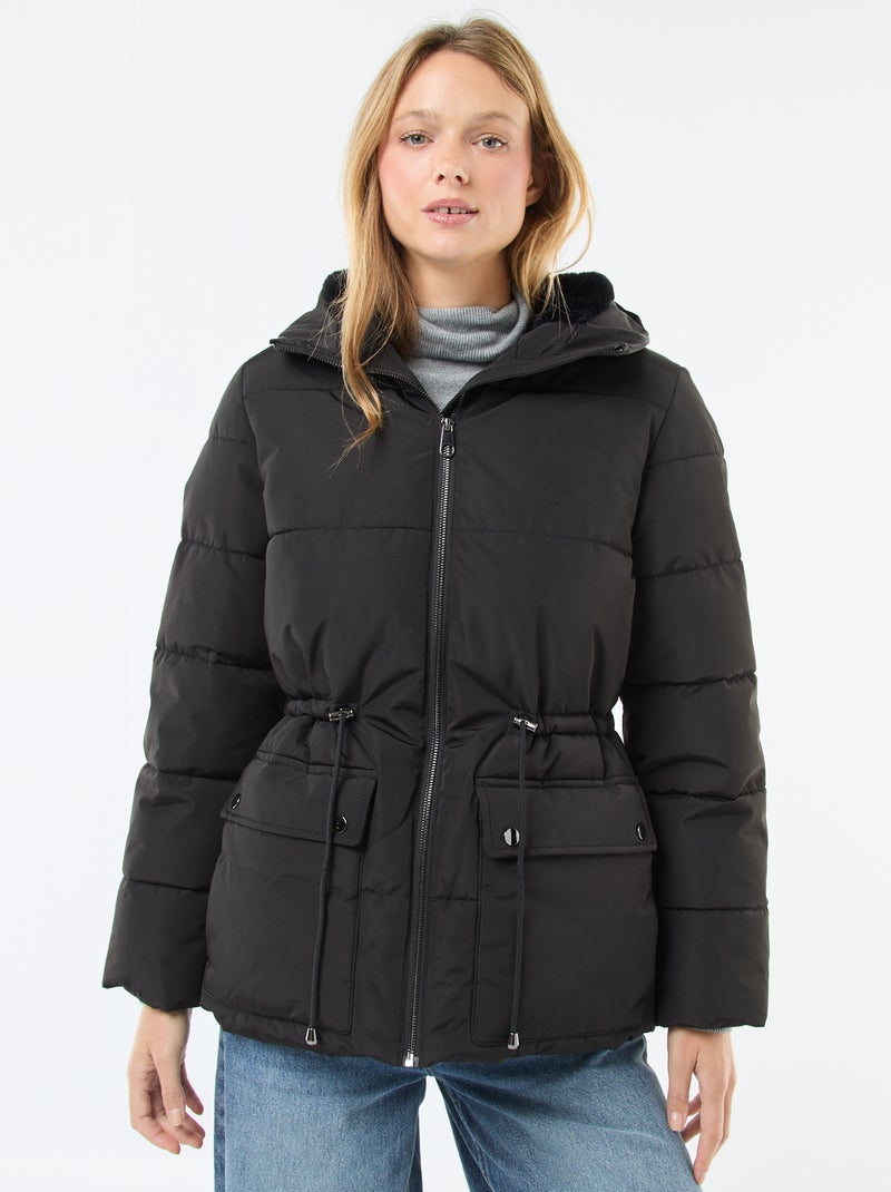 Casaco acolchoado comprido com capuz Preto - Kiabi