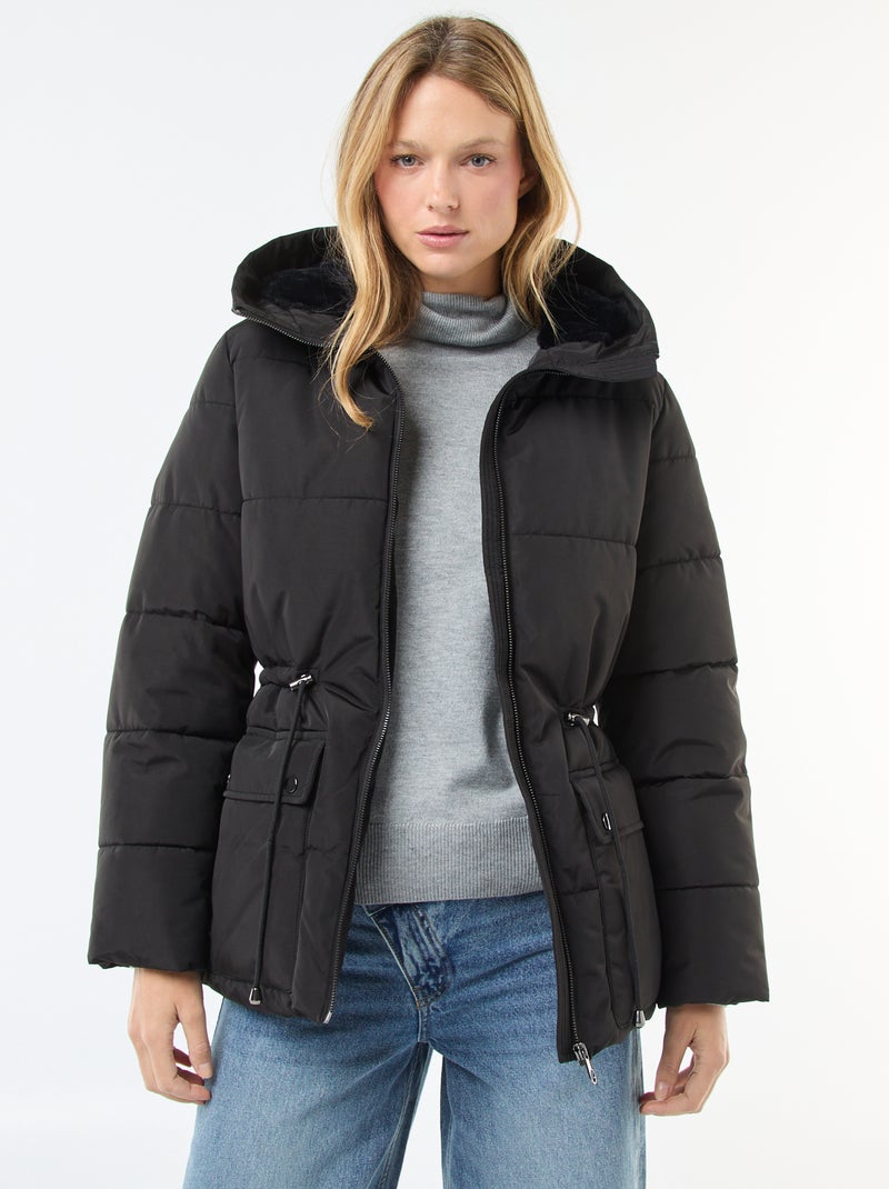 Casaco acolchoado comprido com capuz Preto - Kiabi