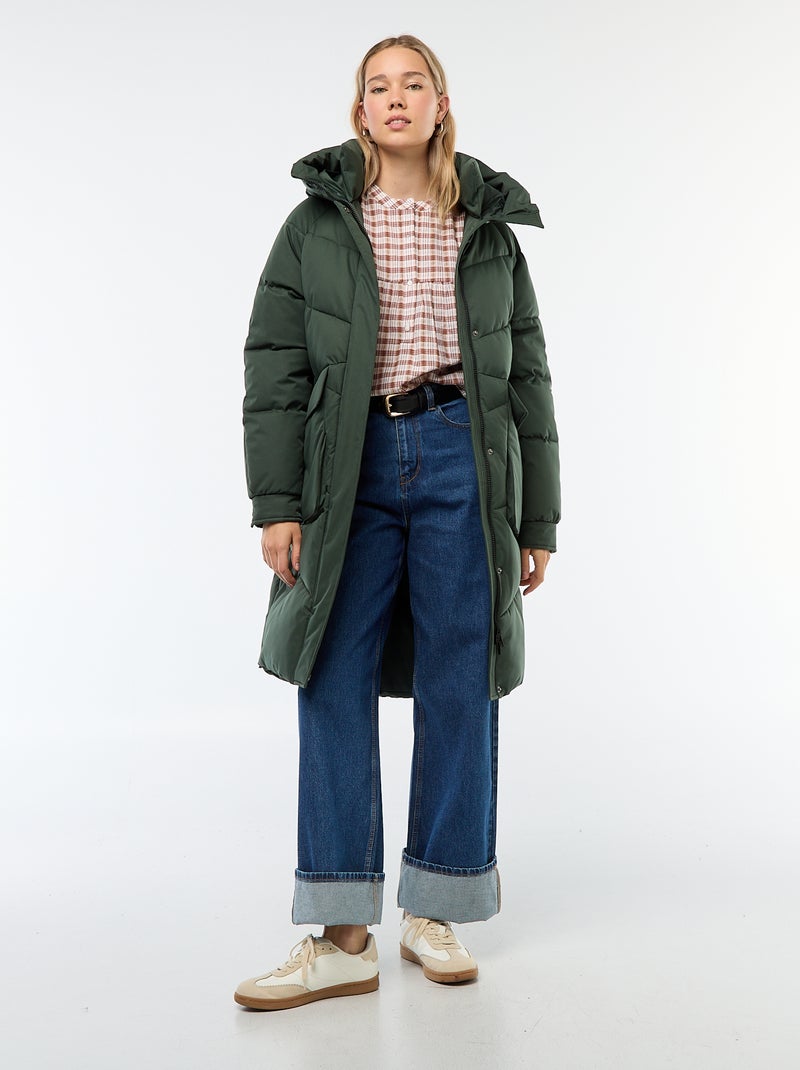 Casaco Acolchoado Comprido e Quente com Capuz Caqui - Kiabi