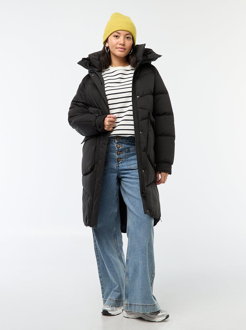 Casaco Acolchoado Comprido e Quente com Capuz Preto - Kiabi