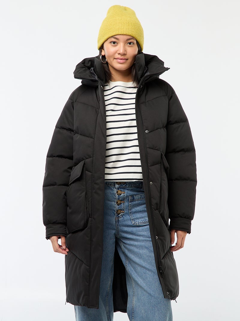 Casaco Acolchoado Comprido e Quente com Capuz Preto - Kiabi