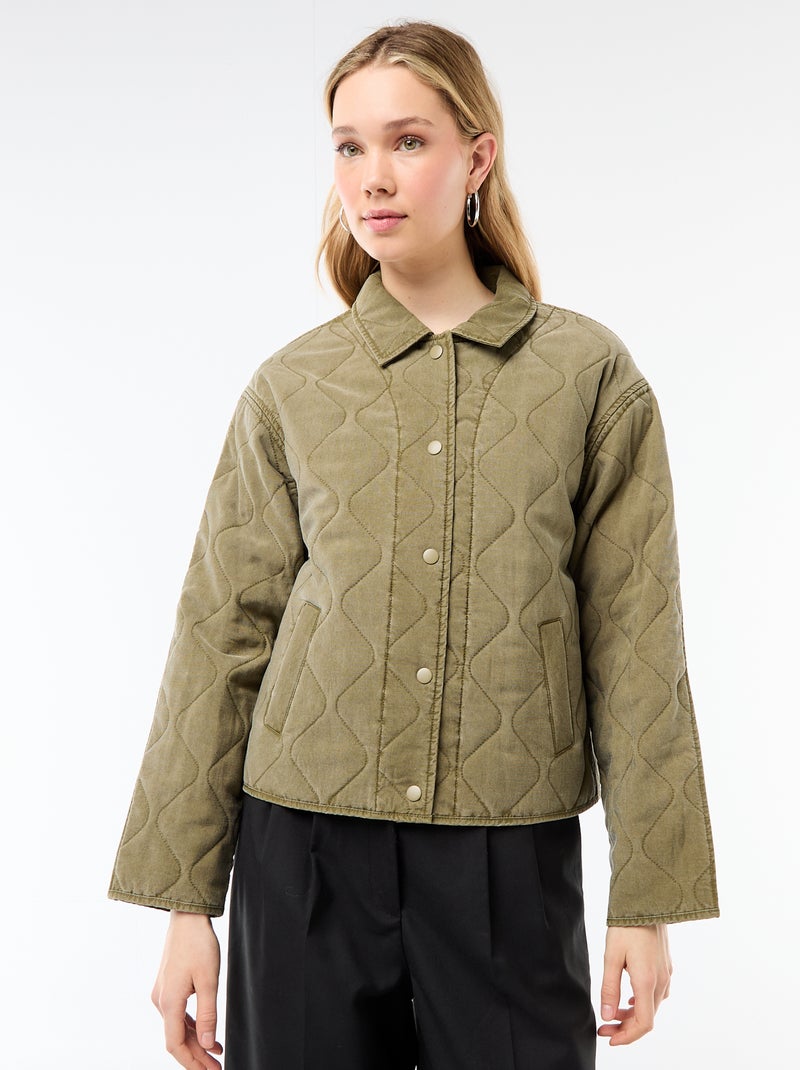 Casaco acolchoado liso com gola de camisa Caqui - Kiabi