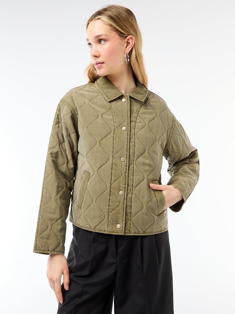 Casaco acolchoado liso com gola de camisa Caqui - Kiabi