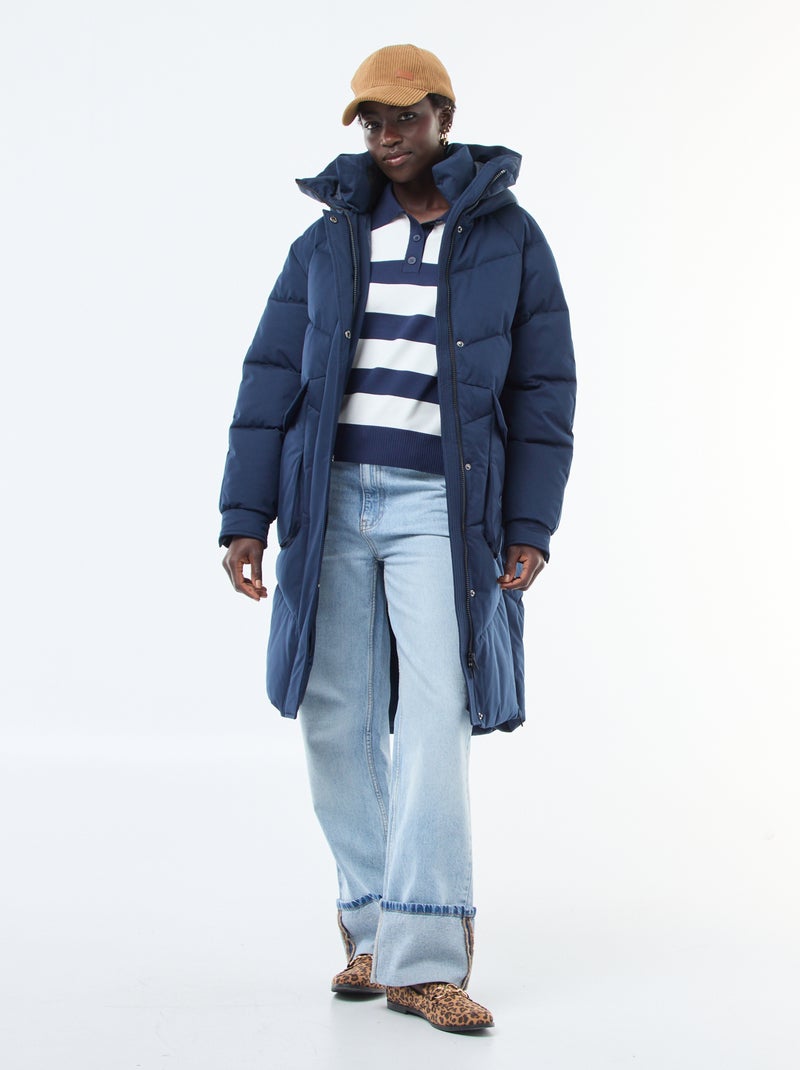 Casaco Acolchoado Quente Comprido com Capuz Azul - Kiabi