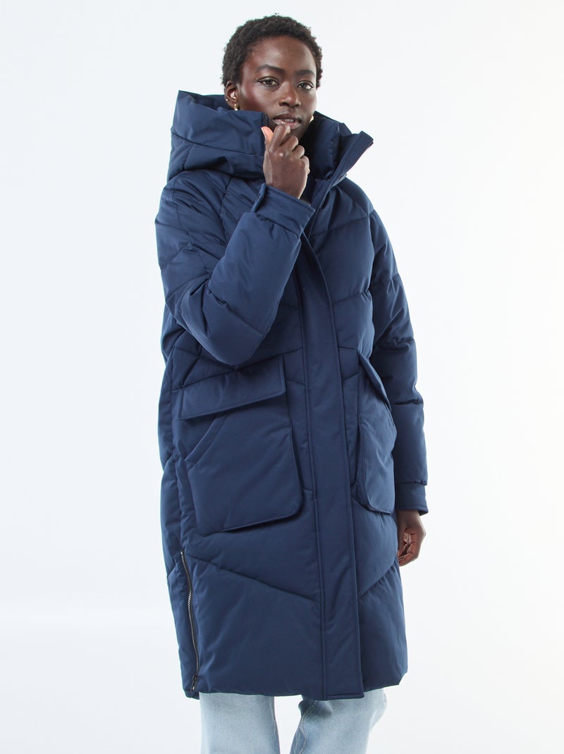 Casaco Acolchoado Quente Comprido com Capuz Azul - Kiabi