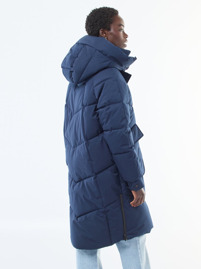 Casaco Acolchoado Quente Comprido com Capuz Azul - Kiabi