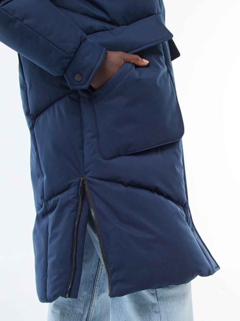 Casaco Acolchoado Quente Comprido com Capuz Azul - Kiabi