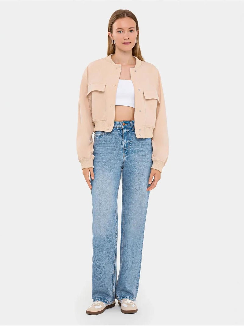Casaco bomber com gola redonda e bolso hiccup Bege natural - Kiabi