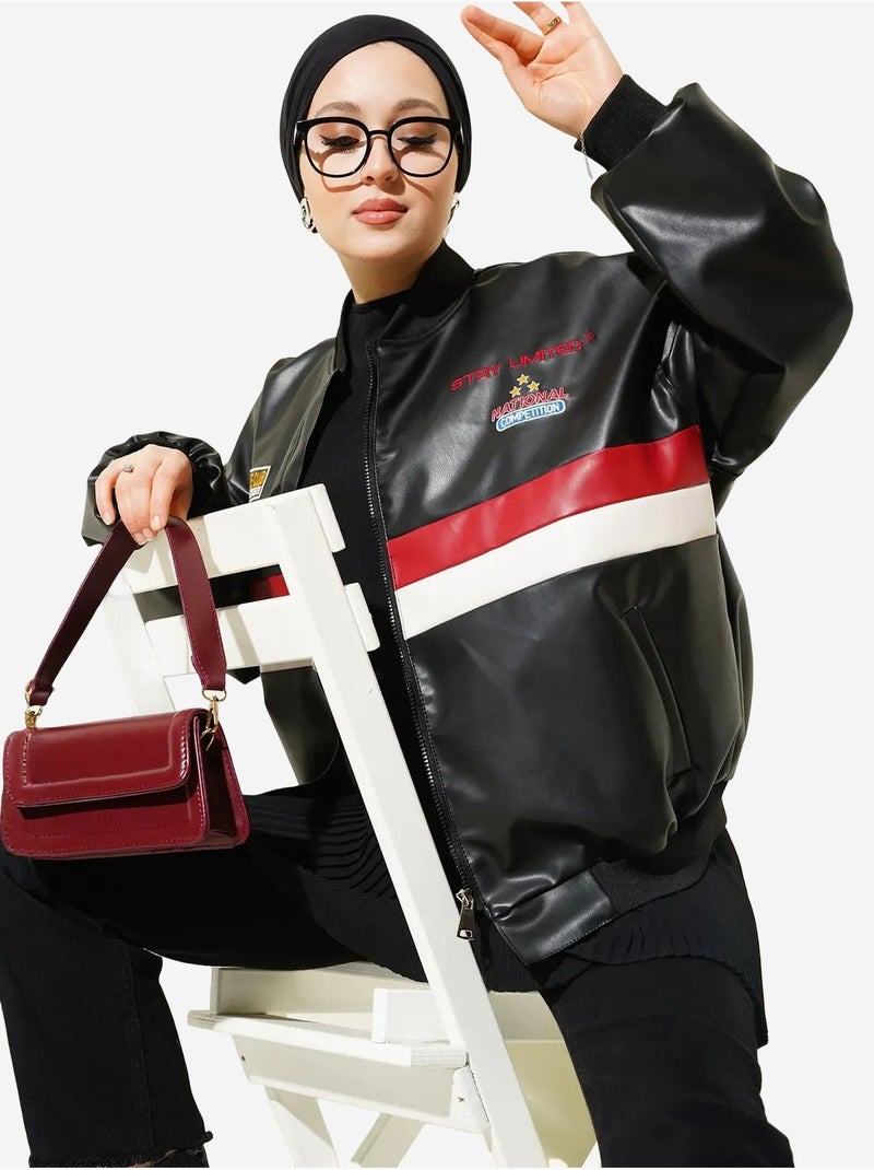 Casaco bomber oversize em pele sintética color block bdart Preto - Kiabi