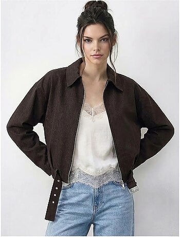 Casaco bomber oversized em ganga com cinto lucci