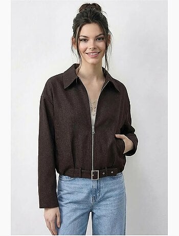 Casaco bomber oversized em ganga com cinto lucci