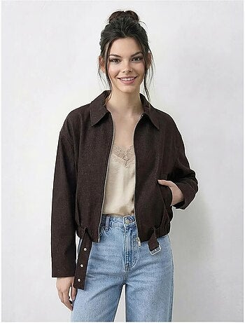 Casaco bomber oversized em ganga com cinto lucci
