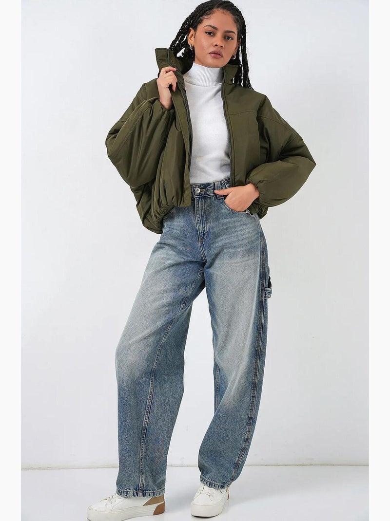 Casaco bomber puffer grosso com gola com fecho de correr bdart Cáqui - Kiabi