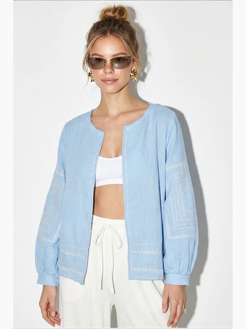 Casaco casual bordado com decote redondo lucci Azul-céu - Kiabi
