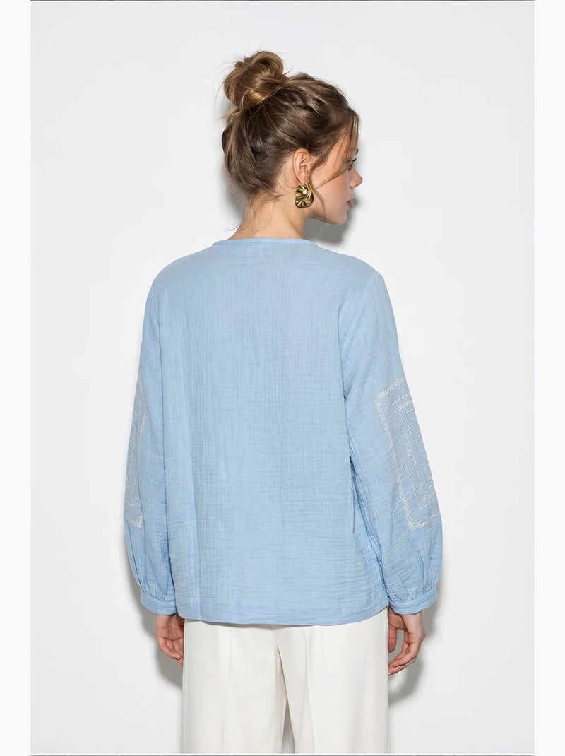 Casaco casual bordado com decote redondo lucci Azul-céu - Kiabi