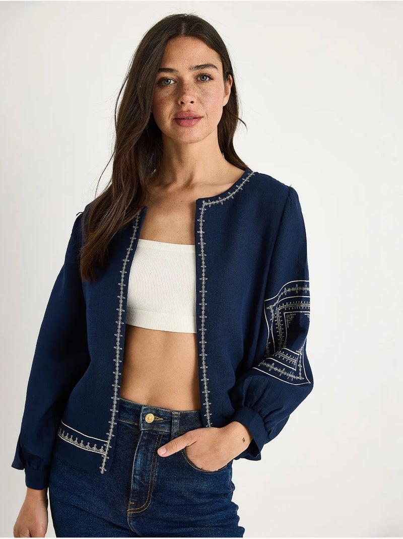 Casaco casual bordado com decote redondo lucci Azul-marinho - Kiabi