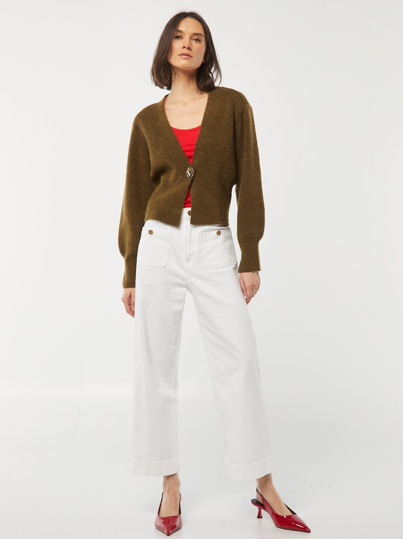 Casaco com abertura com botão dourado de malha canelada Caqui - Kiabi