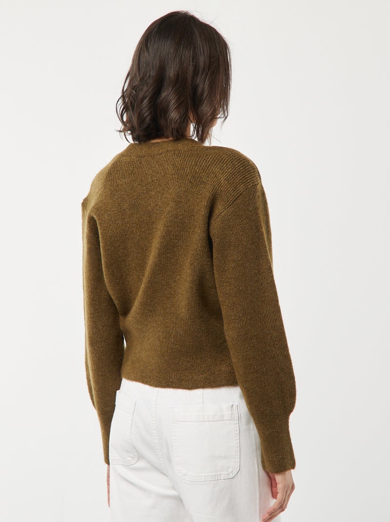 Casaco com abertura com botão dourado de malha canelada Caqui - Kiabi