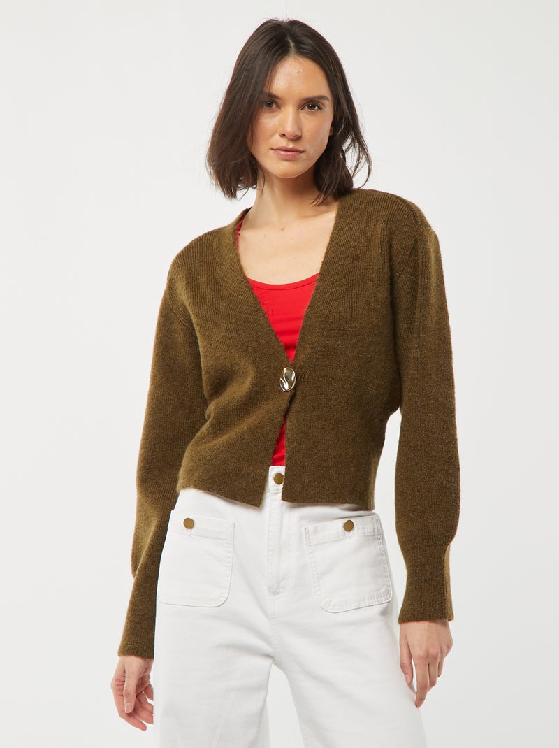 Casaco com abertura com botão dourado de malha canelada Caqui - Kiabi