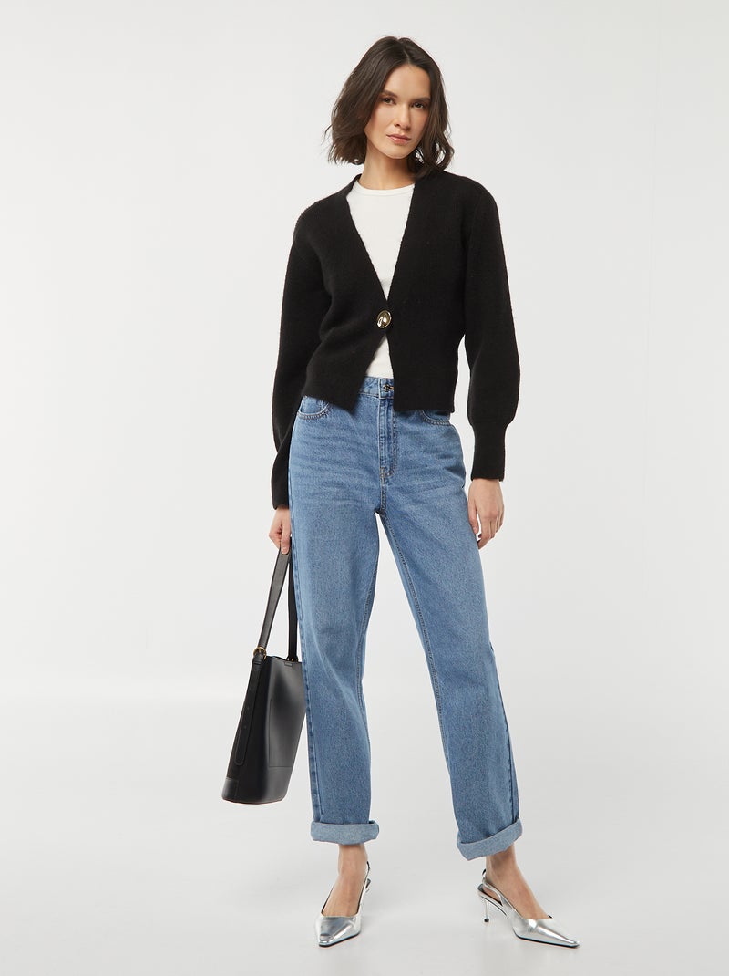 Casaco com abertura com botão dourado de malha canelada Preto - Kiabi