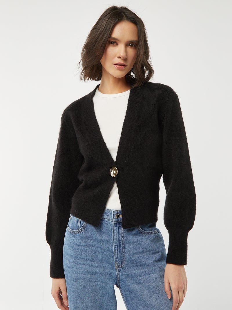 Casaco com abertura com botão dourado de malha canelada Preto - Kiabi