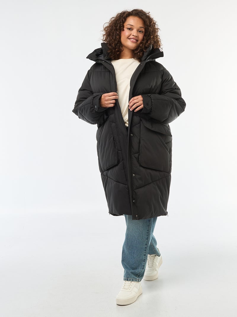 Casaco comprido acolchoado com capuz e bolsos com forro polar Preto - Kiabi