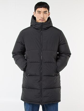 Casaco comprido acolchoado com capuz liso