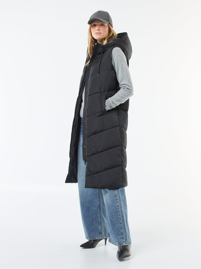 Casaco comprido acolchoado com capuz sem mangas Preto - Kiabi