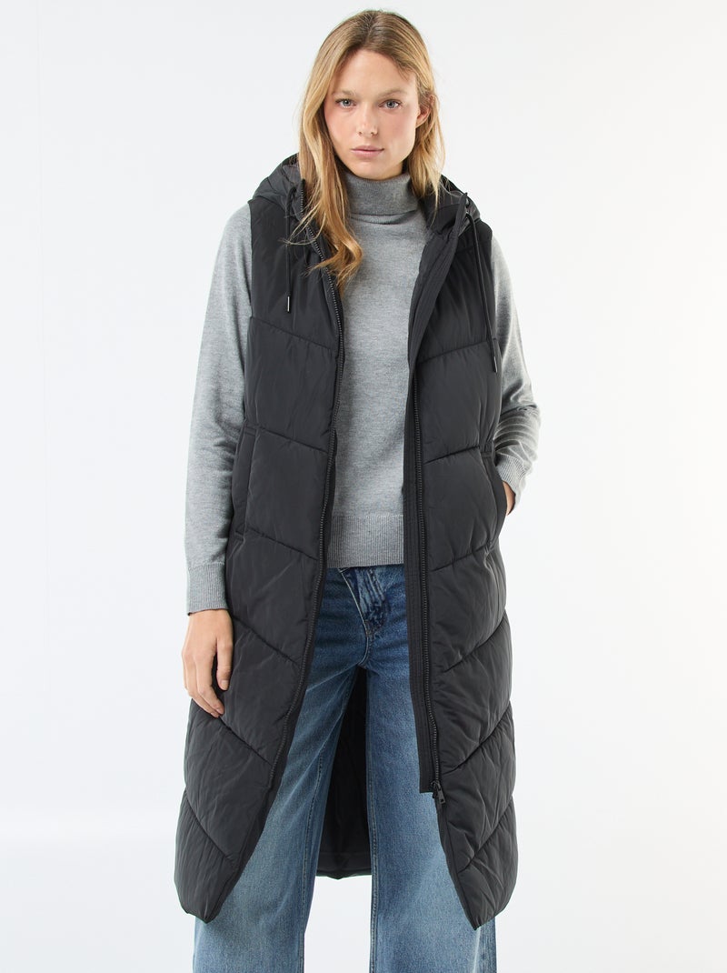 Casaco comprido acolchoado com capuz sem mangas Preto - Kiabi