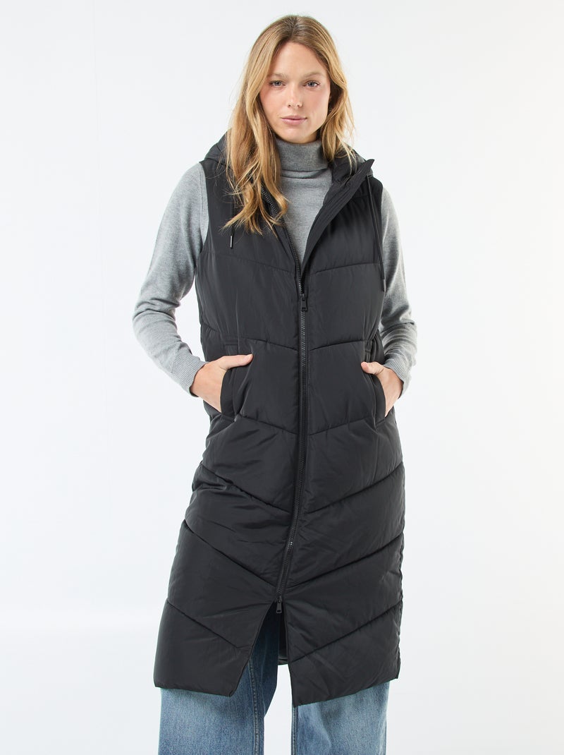 Casaco comprido acolchoado com capuz sem mangas Preto - Kiabi