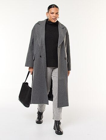 Casaco comprido efeito lã com 2 bolsos com aba