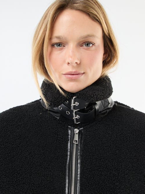 Casaco comprido em lã sintética com detalhes em imitação de pele - Kiabi