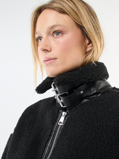 Casaco comprido em lã sintética com detalhes em imitação de pele - Kiabi