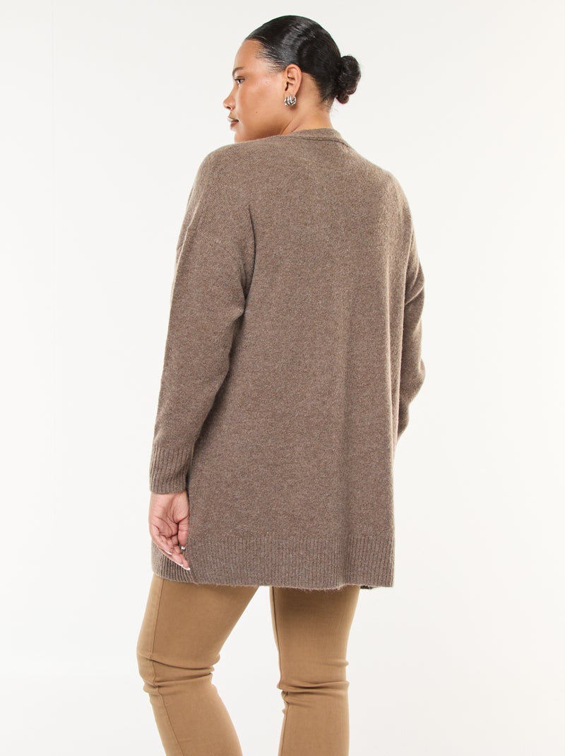 Casaco comprido em malha de tricô com 2 bolsos Castanho - Kiabi