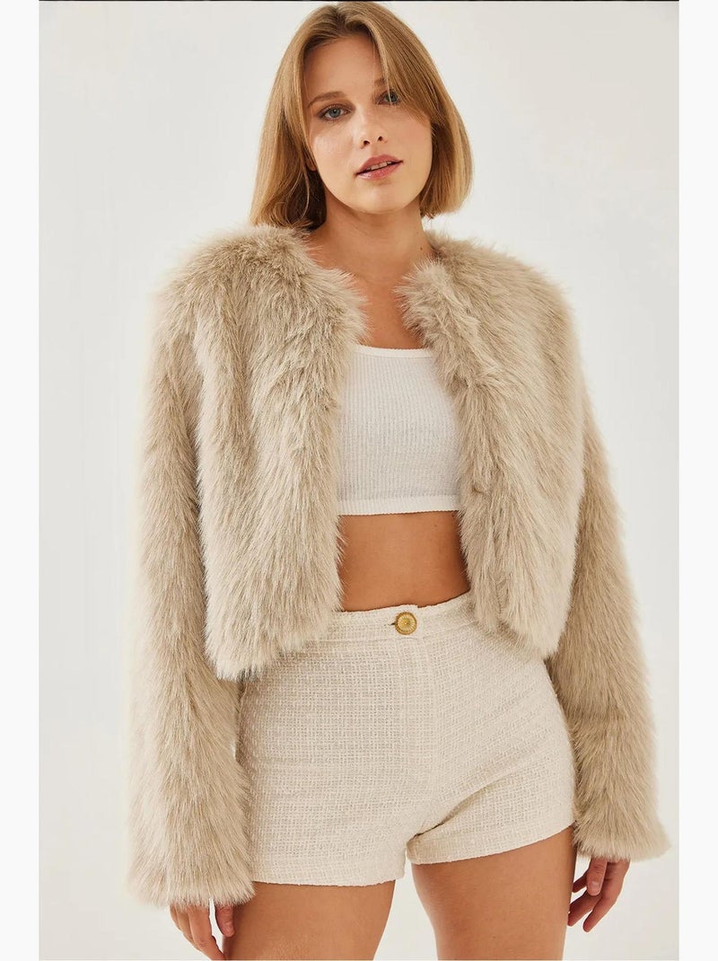 Casaco crop boxy em pelo sintético lucci Bege-argila - Kiabi