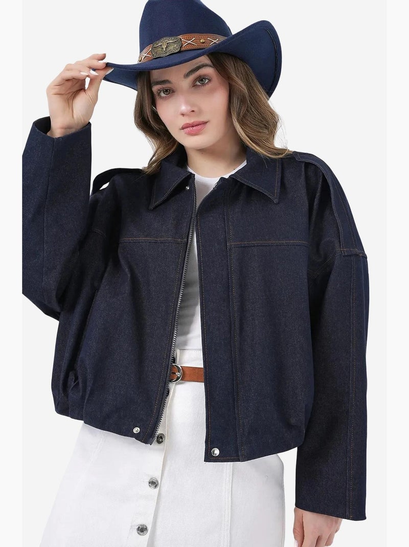 Casaco crop oversized com fecho de correr e bolso bdart Azul-marinho - Kiabi
