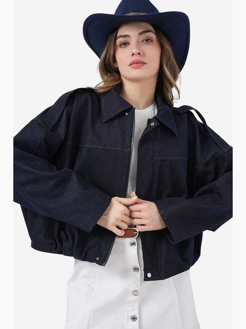 Casaco crop oversized com fecho de correr e bolso bdart Azul-marinho - Kiabi