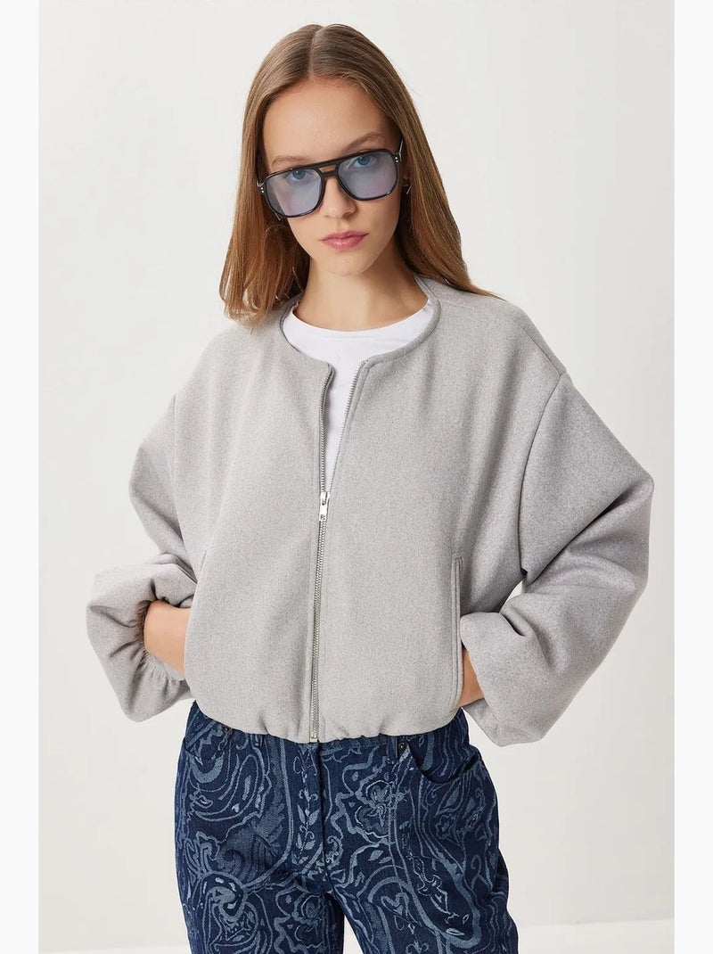 Casaco cropped texturizado com fecho de correr istanbul Cinza claro - Kiabi