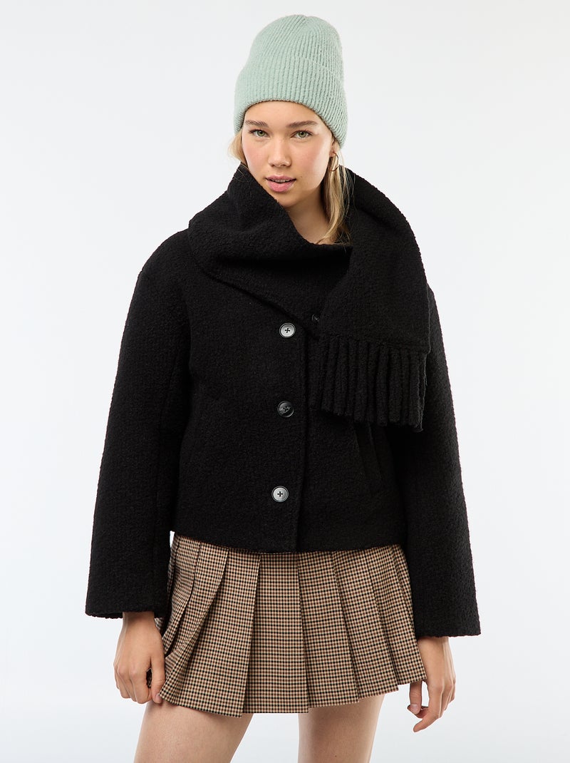 Casaco curto em imitação de lã com cachecol removível Preto - Kiabi