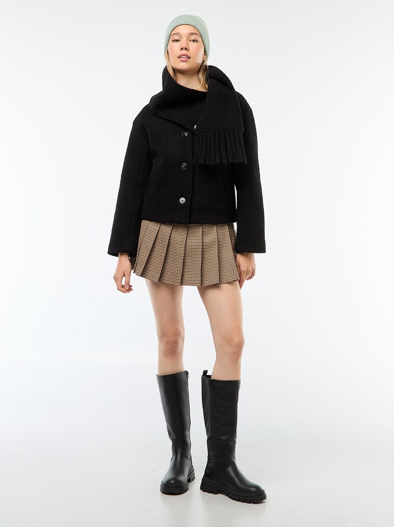 Casaco curto em imitação de lã com cachecol removível Preto - Kiabi